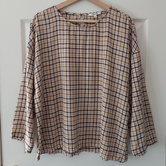 Madewell Tops - Madewell Oversized Tan Billy Houndstooth Ashen Plaid Boxy Tee Top Size XL